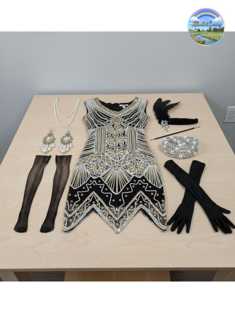 1920s Flapper Sequin Dress Set V Neck Gatsby Costume with Accessories